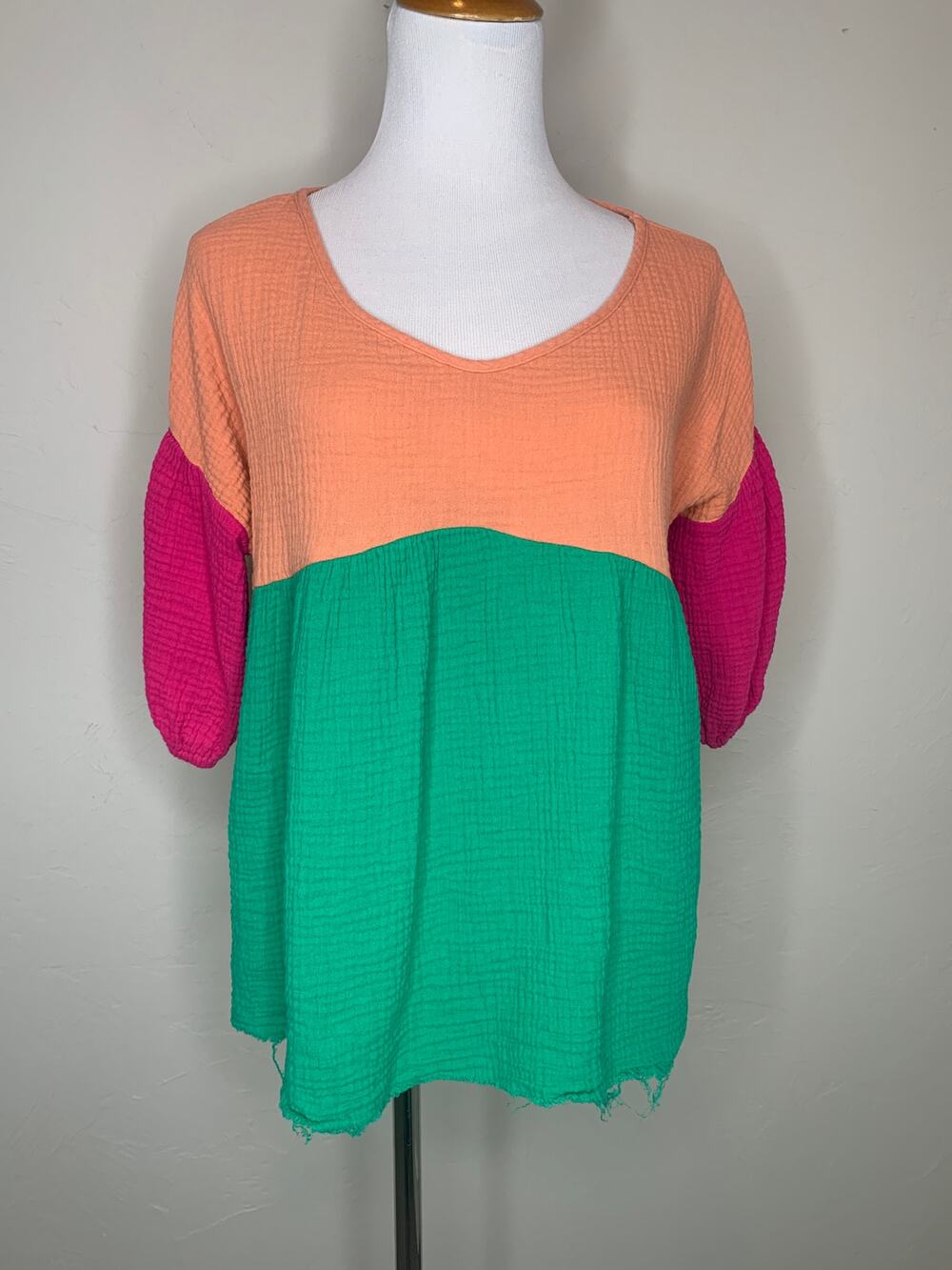 Crinkle Double Gauze Muslin Bright Color Block Babydoll Top Sz Large
